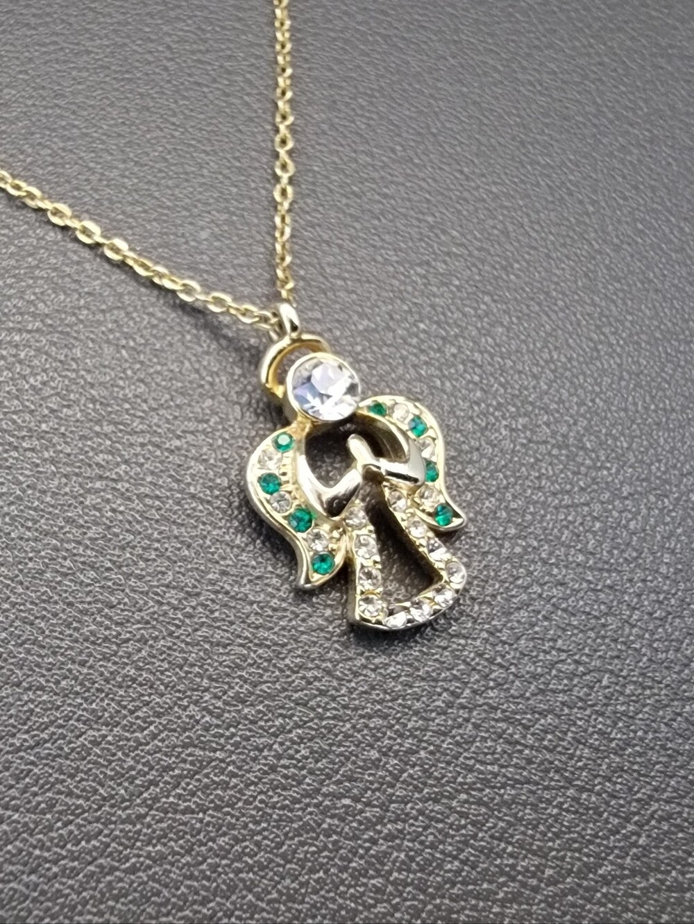 Danbury Mint Angel Pendant Necklace Gold Tone May Birthstone Emerald Green